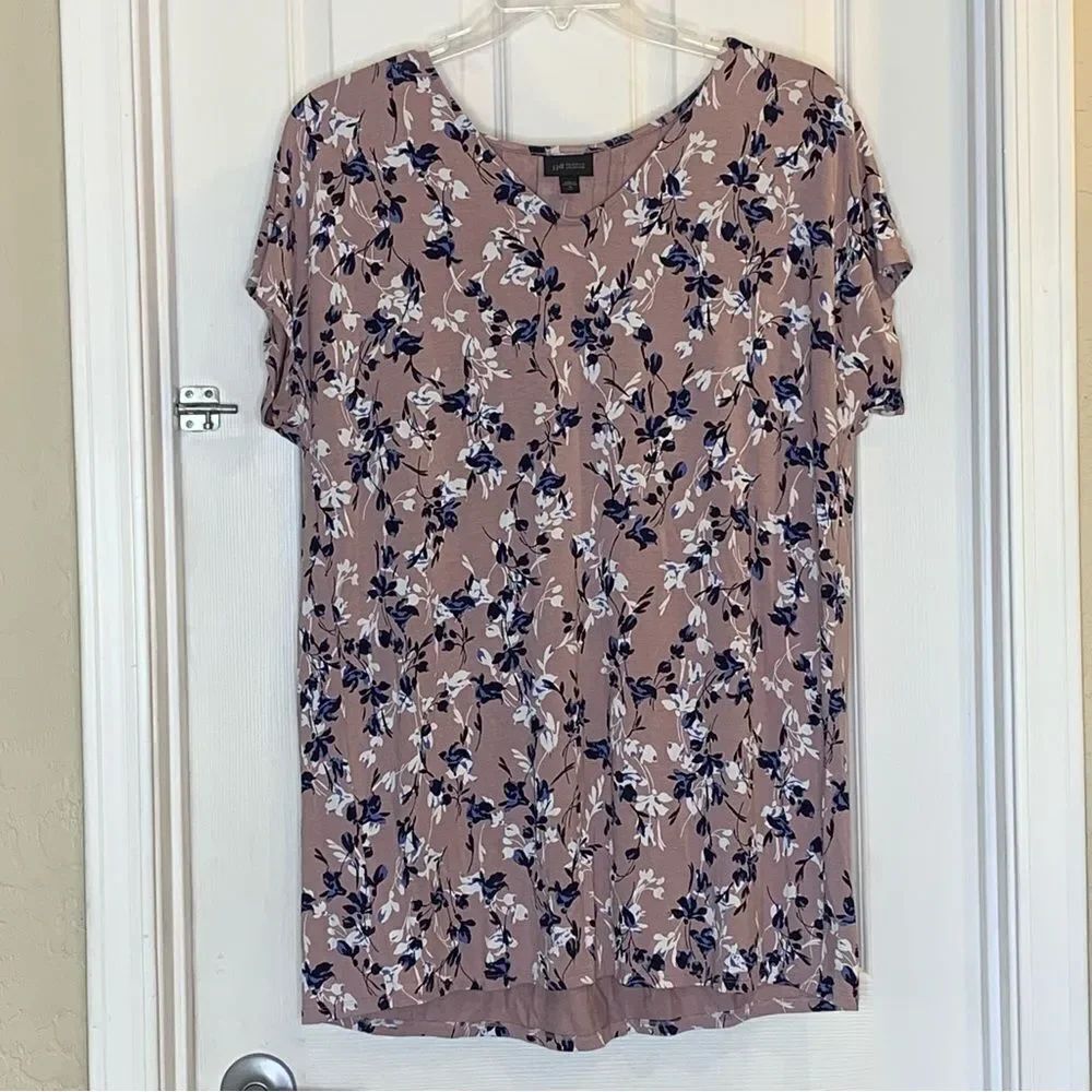 J.Jill Wearever Pleated Back SS-Tunic-LT-Dusty Plum Floral Size Medium Tall
